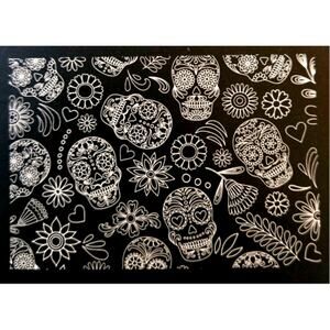 Set of 4 Halloween Vinyl Sugar Skull Placemats Large 13" x 19" NEW Black & White